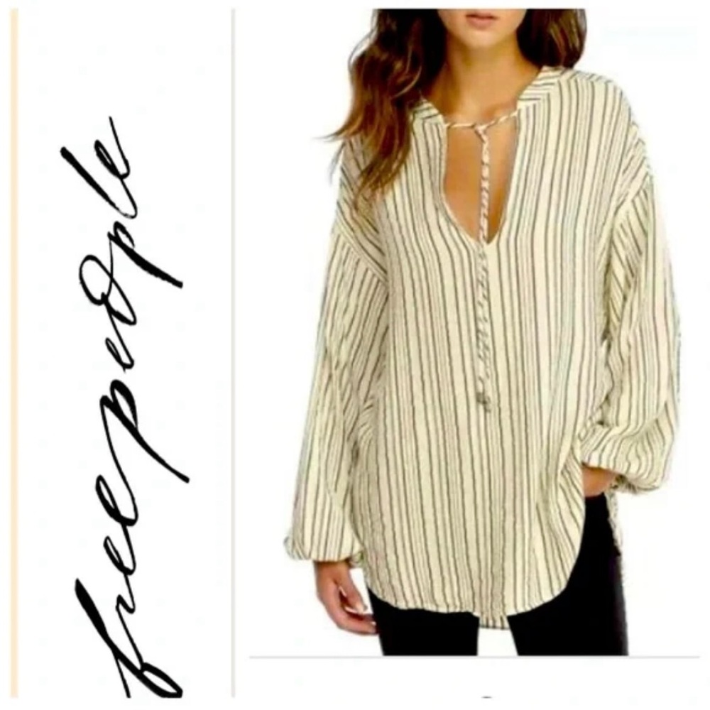 Free People Ruthan of the Night Cream and Black Striped blouse